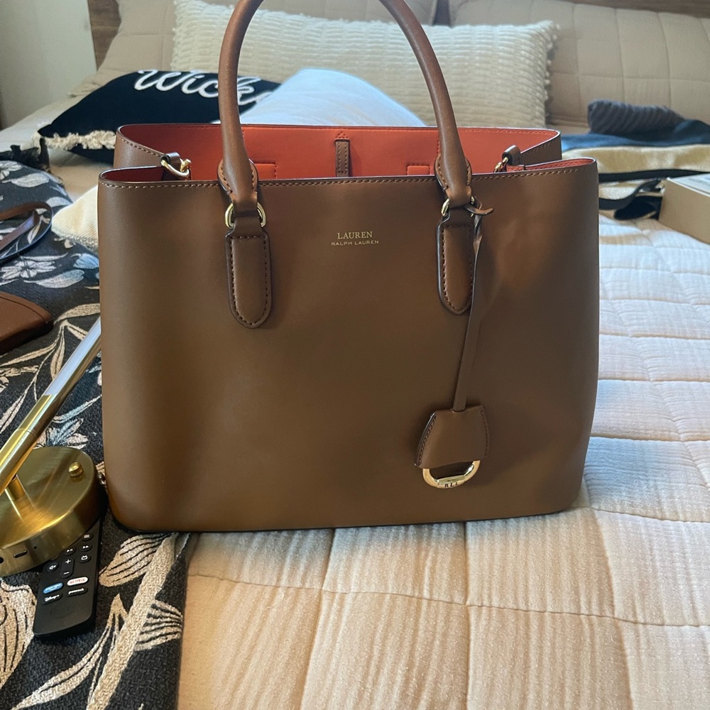 Lauren Ralph Lauren Brown Leather Satchel with orange Interior